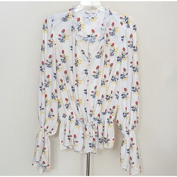 Derek Lam Floral Ruffle Silky Blouse top 1X White Red long sleeves - Picture 7 of 10